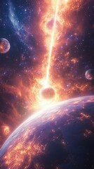 Obraz premium Craft a cosmic celestial link spanning planets in a photorealistic space-fantasy scene, emitting shimmering energy with intricate detail