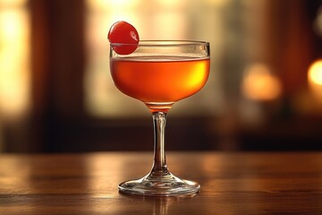 A glass filled with a drink sits on a wooden table, perfect for use in interior design, lifestyle or still life photography