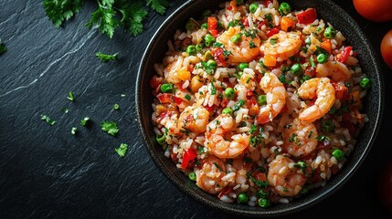 Sea food Paelya Philippine rice Dish top view on a dark marble background