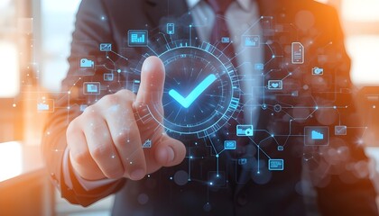 남자 손가락 터치 체크 표시, 디지털 문서 및 파일 홀로그램. 복사 공간