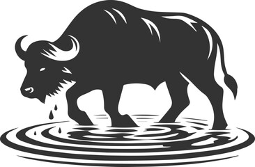 Buffalo walking through shallow water, creating ripples animal vector silhouette