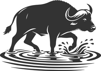 Buffalo walking through shallow water, creating ripples animal vector silhouette