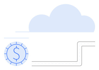 Cloud above with financial coin element and network path for digital data, finance, cloud storage, and connectivity. Ideal for technology, fintech, economy, cloud concepts, business growth digital