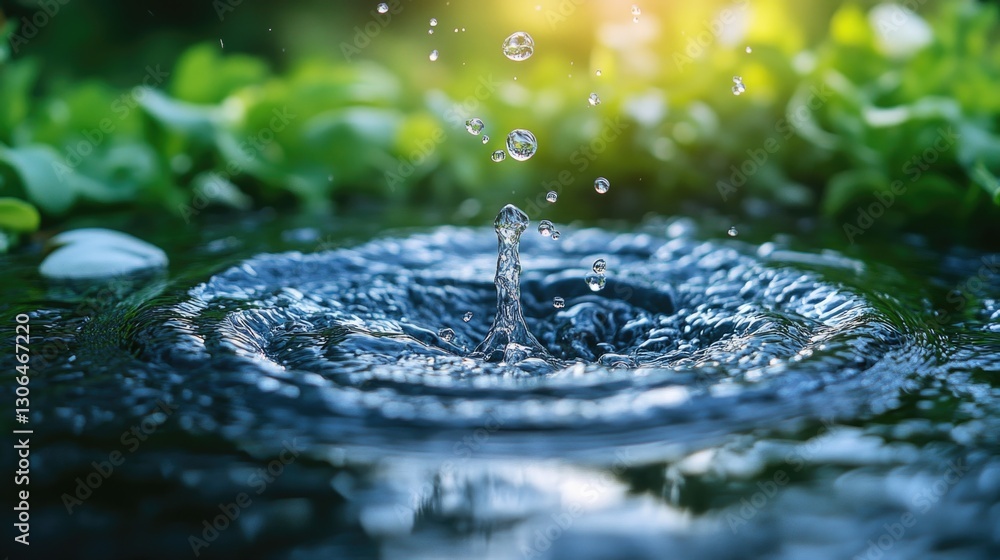 Poster a single water drop falls from above into a calm pool of water