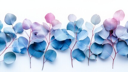 A serene arrangement of pastel-hued eucalyptus leaves, blending shades of blue and pink against a clean white background.