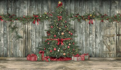 Rustic Christmas Tree with Presents and Garland