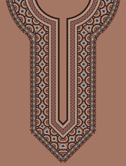An embroidery neckline design for an Indian kurta with abstract geometric shapes and floral motifs on a light brown background.