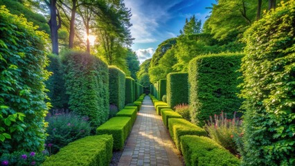 Obraz premium Serene Garden Path Flanked by Lush, Sculpted Hedgerows, Bathed in Golden Sunlight, Leading to a Tranquil Vista