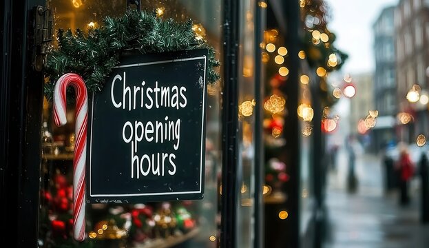 Festive Shop Window Display with Candy Cane and Christmas Opening Hours Sign