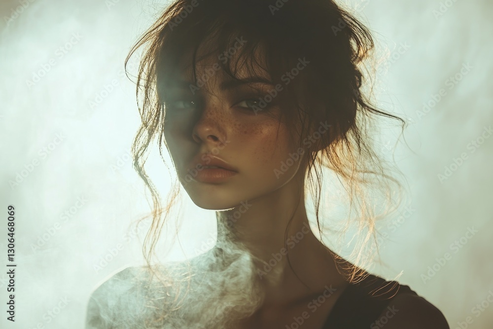 Poster a person with smoke emerging from their face, great for representing abstract concepts or futuristic