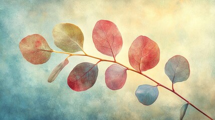 A serene image of colorful leaves on a branch, showcasing hues of red, blue, and yellow against a soft, blurred background.