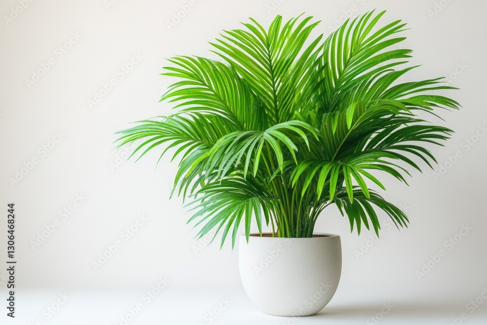 Poster a small palm tree in a pot sitting on a clean white surface