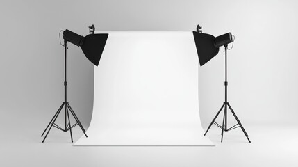 Professional photography studio setup with white backdrop and lighting equipment ready for photo shoot, minimalistic design for product or portrait sessions