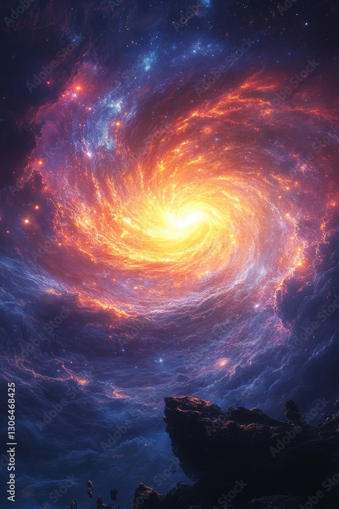 Poster a stunning image of a spiral galaxy with a vibrant orange center, perfect for space-related projects