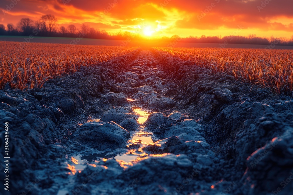 Poster sunset over a muddy field with long shadows