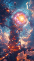 Create a surreal scene with a celestial mechanism powered by distant galaxies, emitting vibrant energy, in a digital concept art style