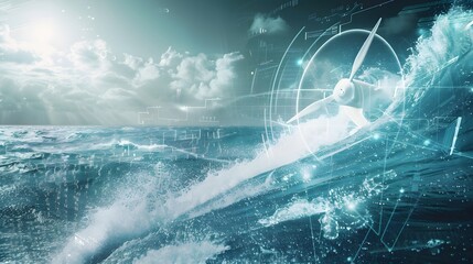 Wave power modern technology harnessing ocean waves to generate sustainable energy, featuring advanced engineering and sleek design elements against a futuristic technology background