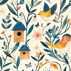 Spring seamless pattern birds, flowers, butterflies and grass on a light background