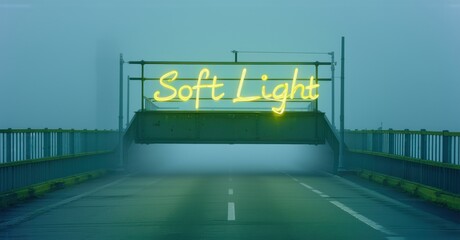 Neon sign soft light muted teal pastel yellow floating empty bridge stretching thick fog creating mysterious stillness