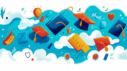 Naklejka premium Graduation Celebration: Floating Caps & Dreams, Fun Artwork for Prints, Cards & Announcements