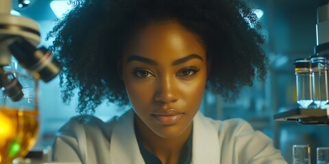 Focused Female Scientist Working with Microscope in Modern Lab Environment