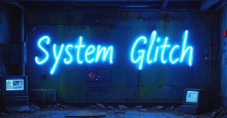 Neon sign system glitch deep navy bright cyan illuminating underground research bunker filled abandoned ai terminals