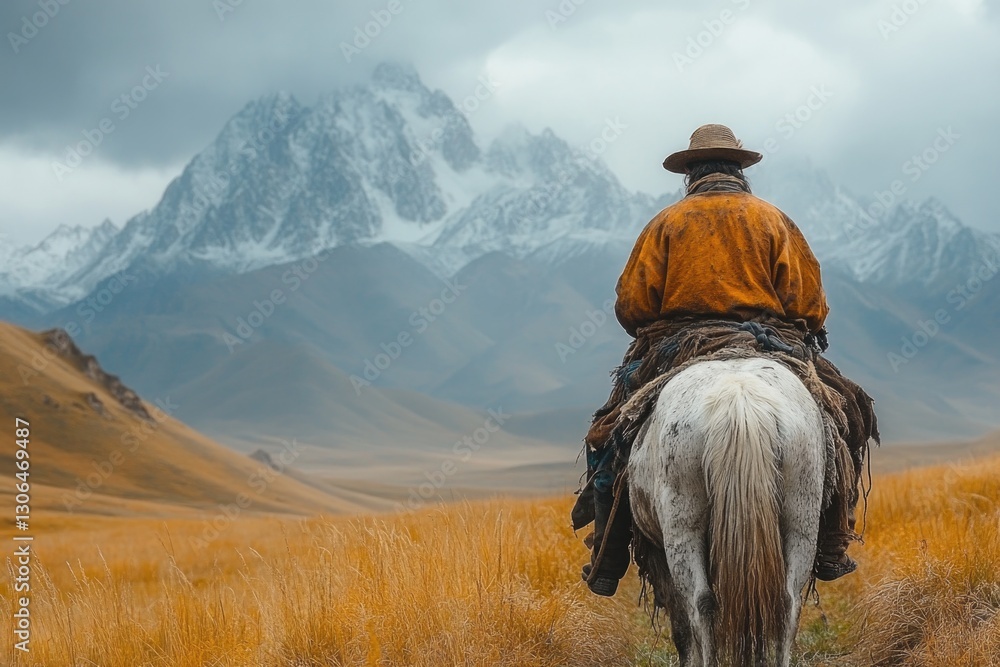 Poster a rider is seen on a horse in an open field, with mountains visible in the background