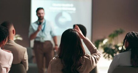 Business people, speaker and presentation with question in audience for interaction, feedback or engagement at office. Group, employees or seminar with hands raised for proposal at speech convention
