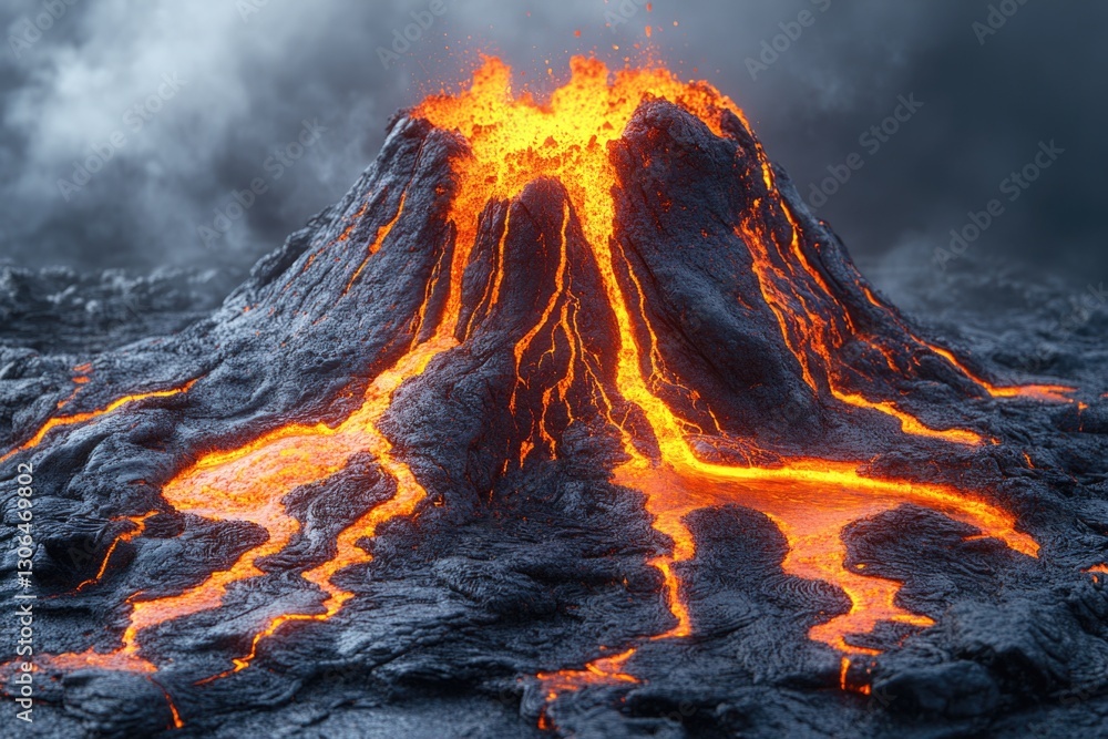 Poster a volcano erupting with lava flowing out