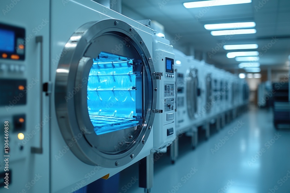 Poster row of industrial washing machines in a factory setting