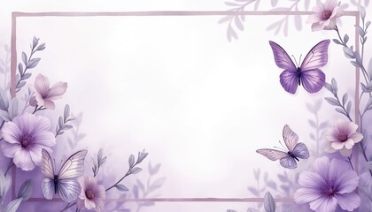 Floral design mockup card 5x7, portrait orientation, white, soft purple butterfly theme. Flower illustration frame decoration. Spring holiday wallpaper template with butterfly, leaves, floral pattern.