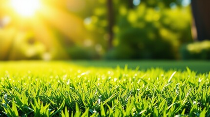 Sunlit Green Grass: Fresh Summer Lawn with Bright Sunlight and Natural Texture