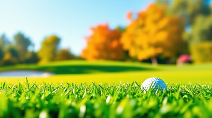 Golf Ball on Green Grass: Scenic Golf Course Landscape for Outdoor Sport and Recreation