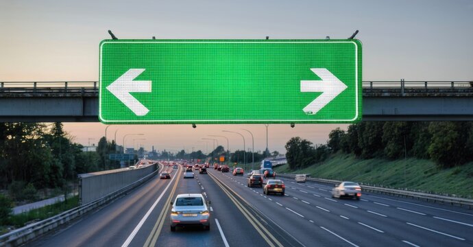 Classic green rectangular exit only highway sign white arrows floating multi lane freeway illuminated car headlights