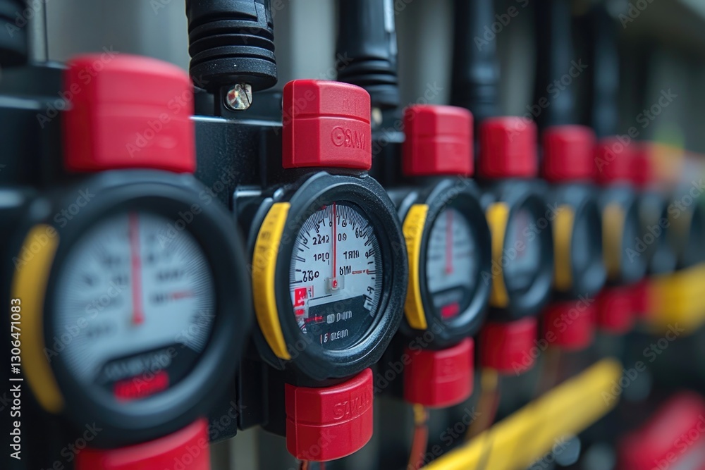 Aufkleber A close-up view of various mechanical gauges mounted on a wall, ideal for use in industrial or technical contexts