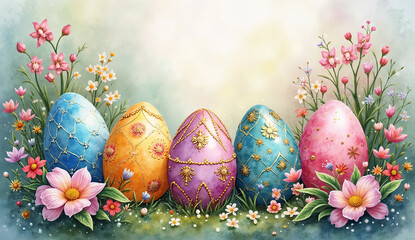 Colorful Painted Watercolor Easter Eggs Artwork – Ideal for Spring Advertising, Greeting Cards, and Digital Campaigns