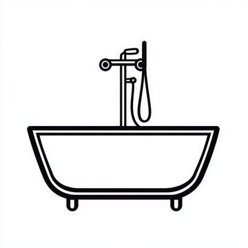 recommend clip art: Modern bathtub with shower attachment, bathroom fixture, simple line drawing