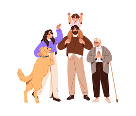 Big happy family rejoices together. Parents, grandparent and child celebrate holiday. Mother, father, granny, cute kid and dog have fun, smile. Flat isolated vector illustration on white background