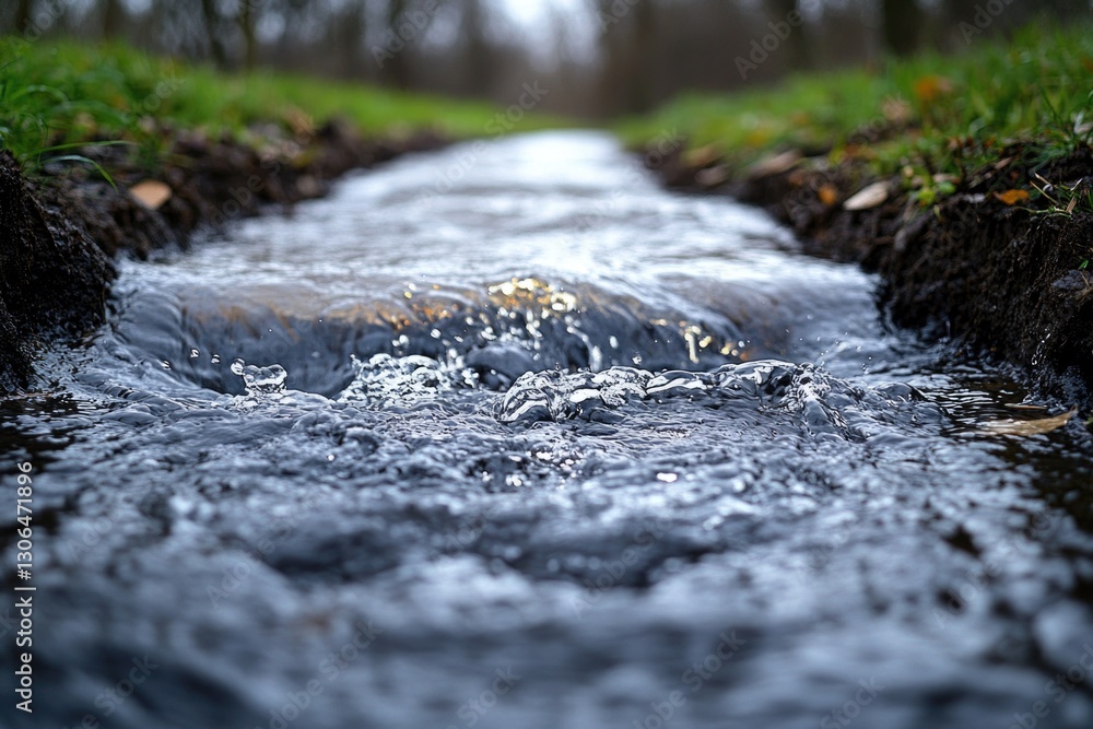 Poster a serene and peaceful scene of a stream flowing through a dense and vibrant green forest