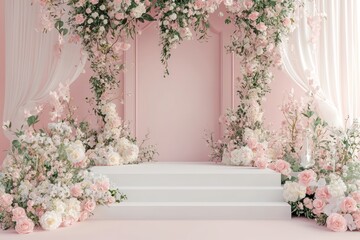 3D rendered pink room with white platform, adorned with flowers.