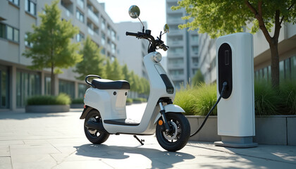 Electric scooter parked near charging station in modern urban area with green trees. Sustainable transport is plugged in for recharge. Eco friendly mobility in city landscape saves environment.