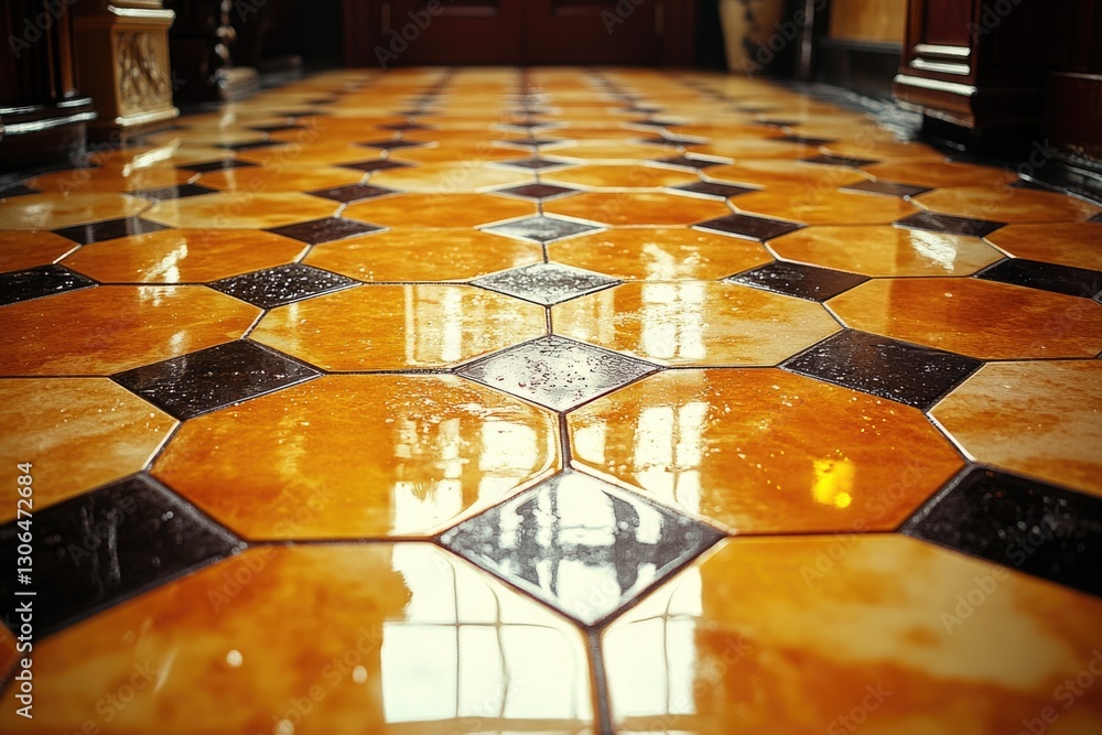 Aufkleber a room with a tiled floor and a door, perfect for interior design or architecture concepts