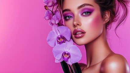 Naklejka premium Close-up of a stylish woman with purple eye makeup and glossy lips, posing beside blooming orchids against a pink background.