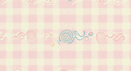 Seamless Pastel Pink Gingham Pattern with Abstract Swirl Design Perfect for Textile or Wallpaper