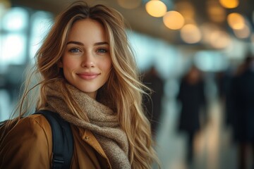 A joyful business traveler walking confidently through the airport terminal. Generative AI