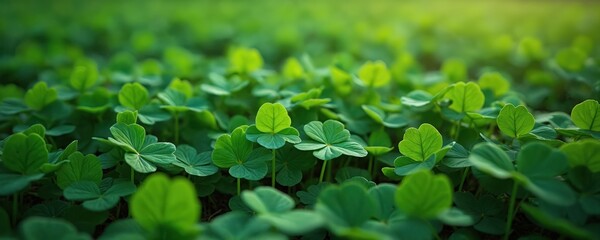 Obraz premium Carpet of dense green clovers field. Natural mosaic of fortune emblem on Earth. Vibrant foliage, luck symbol. Spring freshness, plant growth texture. Eco wilderness, organic environment, prosperity