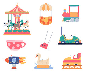 Set of childrens swing rides. Amusement park elements. Attraction objects. Rollercoaster, merry-go-round and funfair. Toy horse and cup. Cartoon flat style isolated vector collection © YummyBuum