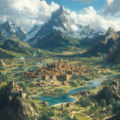 A picturesque mountain town with buildings and houses surrounded by greenery and mountainside, ideal for use in travel or nature-themed projects