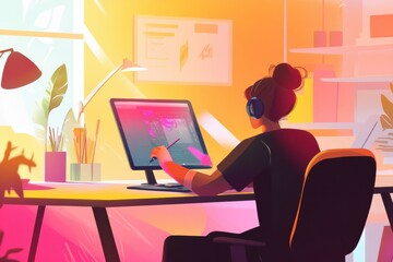 Modern graphic designer creating digital art in a vibrant studio workspace during daytime