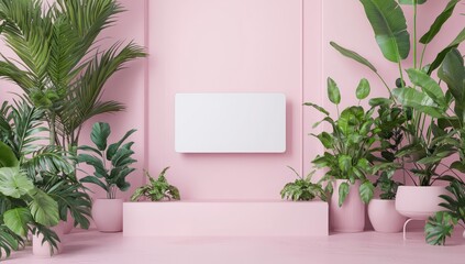 Decorated minimalist pink room, empty sign, enhanced with plants.